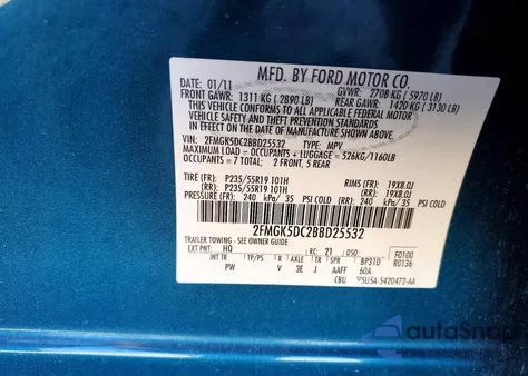 2011 Ford Flex Limited из США, поврежденный, VIN 2FMGK5DC2BBD25532